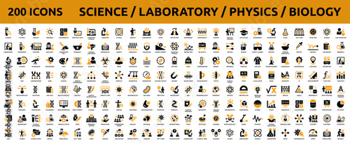 200 vector icons for science and laboratory essential physics and biology concepts for education and professional graphics
