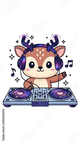 A cartoon deer with headphones and antlers is DJing at a console. Musical notes and sparkly elements create an animated scene against a white background