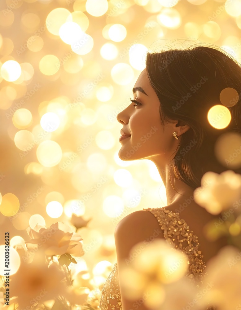 Fototapeta premium Golden-lit woman profile, soft focus