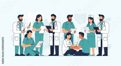 A diverse group of healthcare professionals, including doctors and nurses, collaborating and discussing patient care in a modern medical setting.