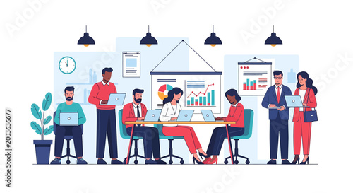 Diverse team of professionals collaborating in a modern office meeting room, analyzing charts and data on laptops and screens.