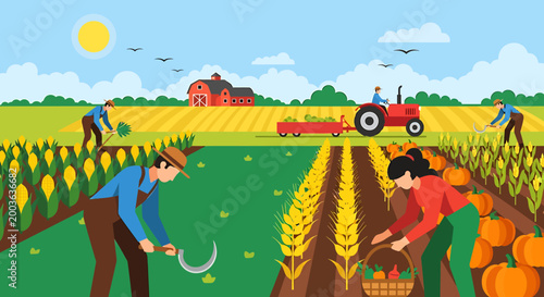 Vibrant illustration of a diverse farm scene with farmers harvesting crops, a tractor plowing a field, and a barn under a sunny sky.
