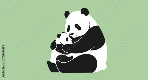 A heartwarming illustration of a mother panda tenderly hugging her cub, set against a soft green background.