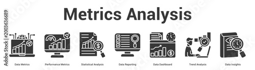 Metrics Analysis web banner icon set vector illustration concept for business with icon of Data Metrics, Performance Metrics, Statistical Analysis, Data Reporting, Data Dashboard, Trend Analys.