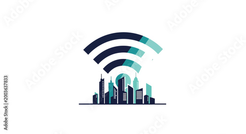 Cityscape with WiFi signal icon.