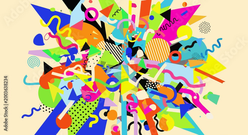 Abstract Memphis Style Geometric Explosion Background with Vibrant Colorful Shapes