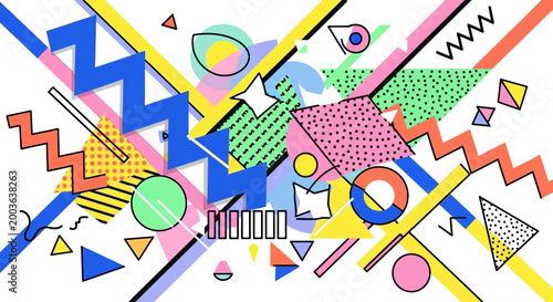 Abstract Memphis Style Geometric Pattern Design with Colorful Shapes and Lines