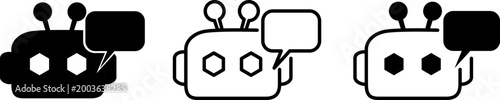 Cute robot head icon with speech bubble, artificial intelligence chatbot character in different visual styles, automated assistant avatar for customer support and technology