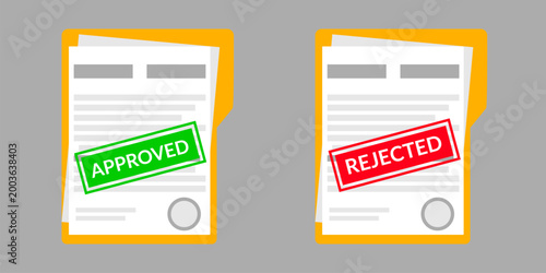Document folders with approved and rejected rubber stamps, green and red status labels for application processing, official file verification and decision making concept