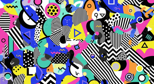 Abstract Memphis Style Pattern with Colorful Geometric Shapes and Bold Lines