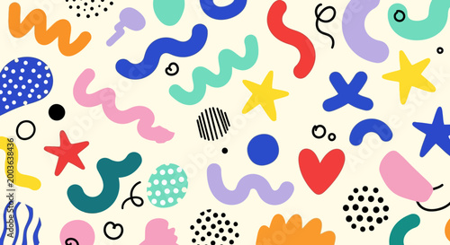 Abstract Memphis Style Pattern with Colorful Hand Drawn Shapes