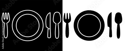 Dinner cutlery set with plate and fork and knife, kitchen utensils icons in black and white styles, restaurant table setting symbols for dining and food services