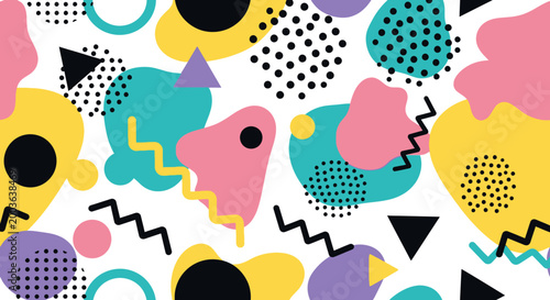 Abstract Memphis Style Seamless Pattern with Colorful Geometric Shapes and Zigzags