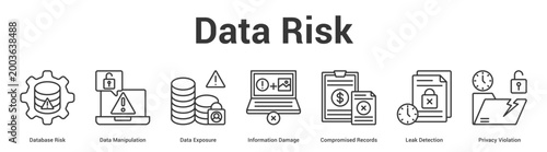 Data Risk web banner icon set vector illustration concept for business with icon of Database Risk, Data Manipulation, Data Exposure, Information Damage, Compromised Records, Leak Detecti.