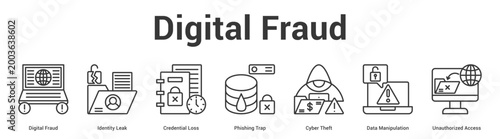 Digital Fraud web banner icon set vector illustration concept for business with icon of Digital Fraud, Identity Leak, Credential Loss, Phishing Trap, Cyber Theft, Data Manipulati.