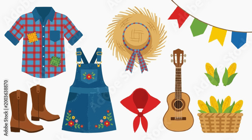 Country festival icons, colorful clothing, music accessories, farm tools, 8 elements