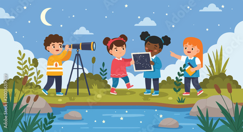 Obraz na plátně Four diverse children are enjoying a night of stargazing outdoors by a pond, with one boy using a telescope while others study a star map