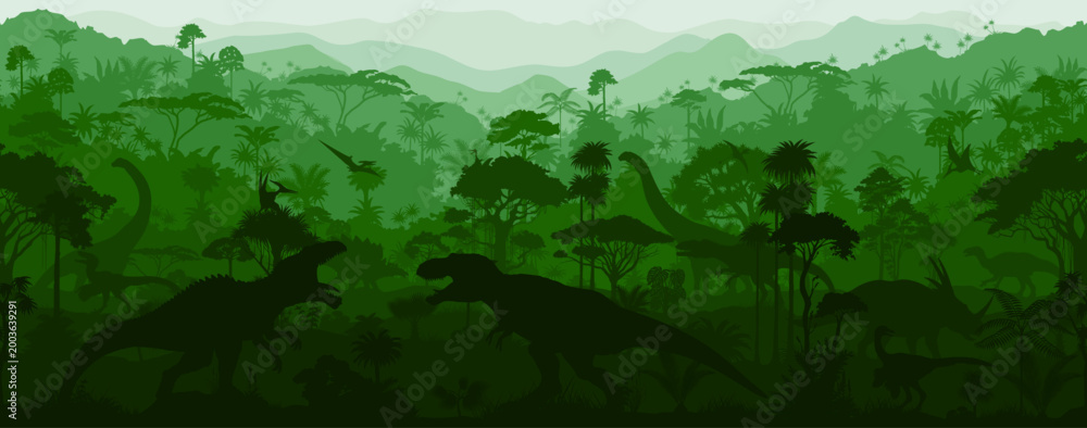 Fototapeta premium green Seamless vector tropical forest with Giganotosaurus, Stegosaurus, Tyrannosaurus, Gallimimus, Neovenator, styracosaurus, iguanodon, pyroraptor, Patagotitan, Brachiosaurus and pterodactyl