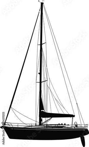 Black silhouette of a modern luxury sailboat with tall mast and rigging isolated on white background for marine nautical design