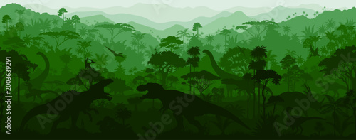 green Seamless vector tropical forest with Giganotosaurus, Stegosaurus, Tyrannosaurus, Gallimimus, Neovenator, styracosaurus, iguanodon, pyroraptor, Patagotitan, Brachiosaurus and pterodactyl