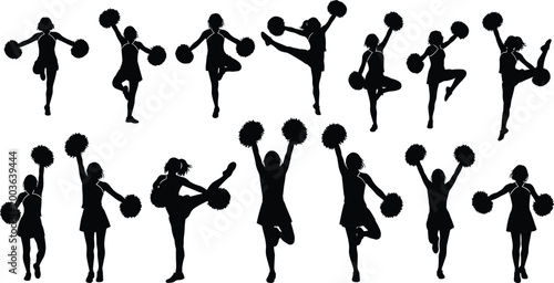 Black silhouettes of cheerleaders performing athletic dance routines with pom poms in various energetic poses isolated on white background