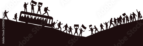 Black silhouettes of protestors and activists holding signs and banners near a bus on a hilly landscape vector illustration