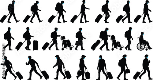 Black silhouettes of travelers wearing protective face masks carrying luggage and walking in an airport terminal isolated on white background
