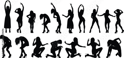 Large collection of black female silhouettes in various dancing and fashion poses isolated on a white background for design projects