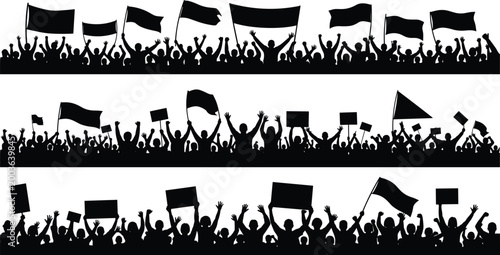 Set of black silhouettes representing large crowds of people protesting with flags and banners isolated on white background
