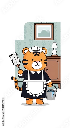 A cartoon tiger dressed as a maid, holding a feather duster and bucket, standing in a room