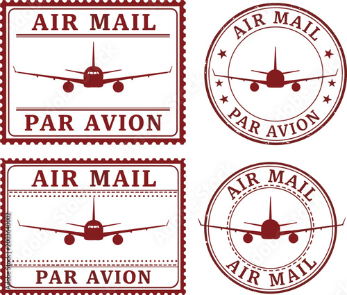 Foto Set of vintage air mail stamps and par avion postmarks featuring airplane silhou