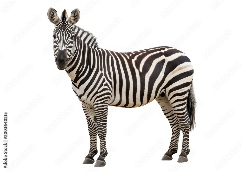 Fototapeta premium Zebra stands facing the camera against a white background.