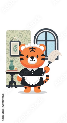 A cartoon tiger dressed as a maid, holding a feather duster. The background shows a table, window, and wall decor