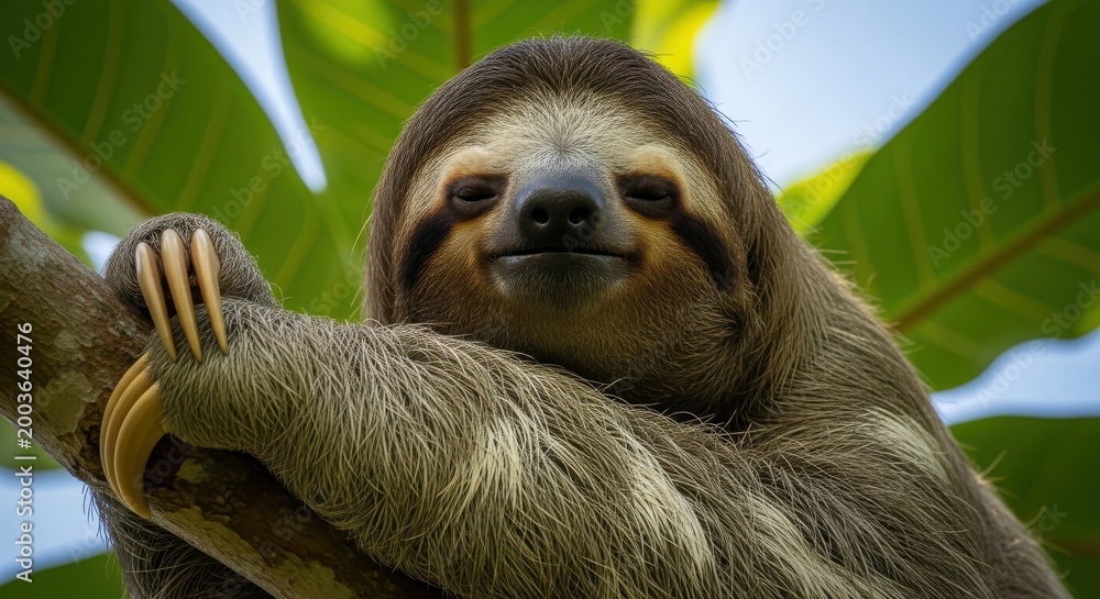 Fototapeta premium portrait of a relaxed sloth perched on a tree branch in its natural habitat.