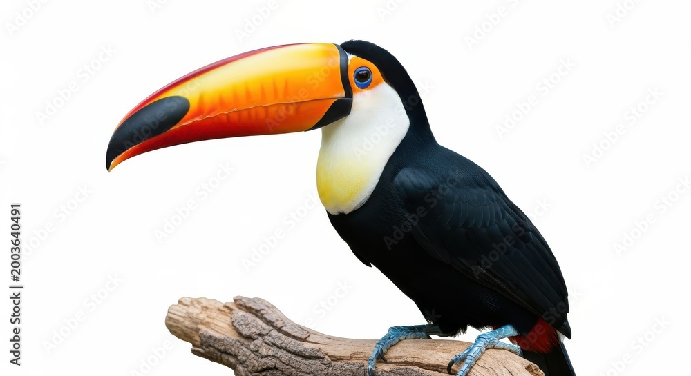 Fototapeta premium Vibrant toco toucan perched on a wooden branch isolated against a white background.