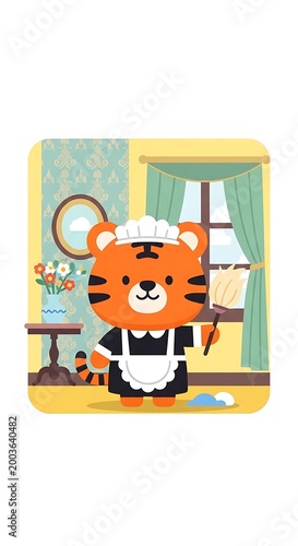 A cartoon tiger dressed as a maid, holding a feather duster. The tiger stands in a room with a window and a table with flowers