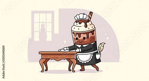 A cartoon dessert wearing a maid outfit and a hat, cleaning a table in a room with a window