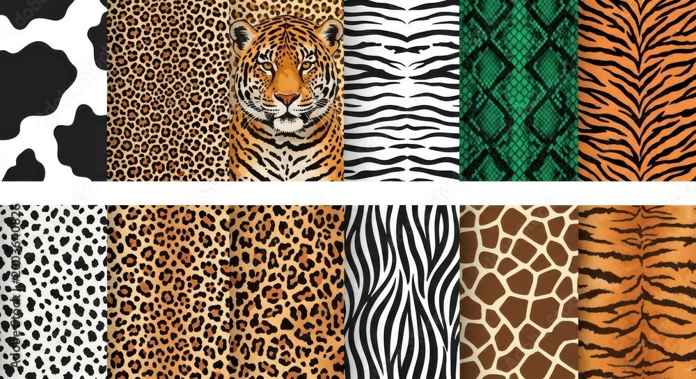 Fototapeta premium Collection of diverse animal print patterns featuring feline markings and textures.