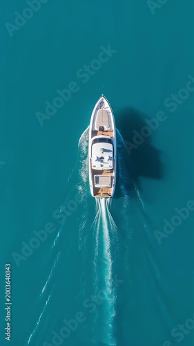 A boat sailing across the emerald green sea, viewed from directly above.