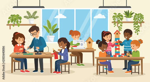 фотографія Diverse children and a teacher engage in various creative activities like soldering, sewing, and building in a bright, modern classroom workshop