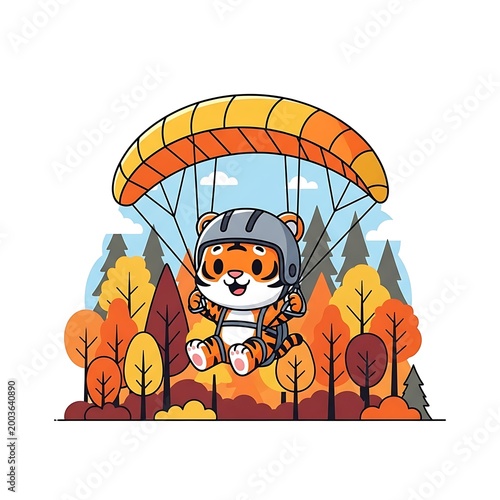 A cartoon tiger in a helmet and harness is parachuting, smiling happily above colorful fall trees