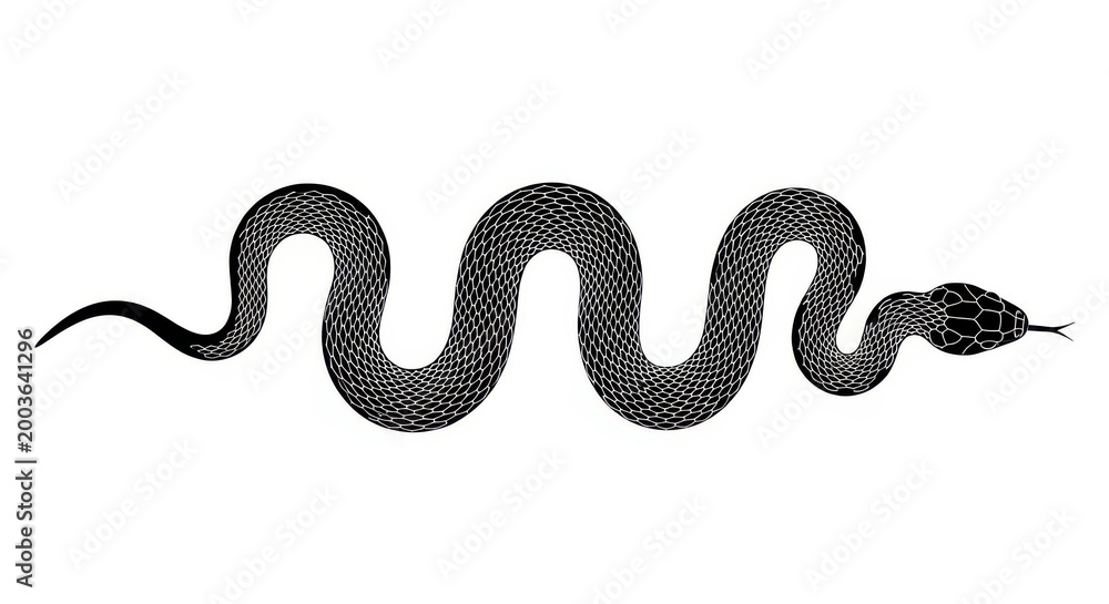 Fototapeta premium Black and white illustration shows a serpentine creature moving in a wave pattern.