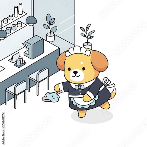 A cartoon dog, costumed in maid attire, dusts the floor of a minimalist cafe with a counter, equipment, and stools