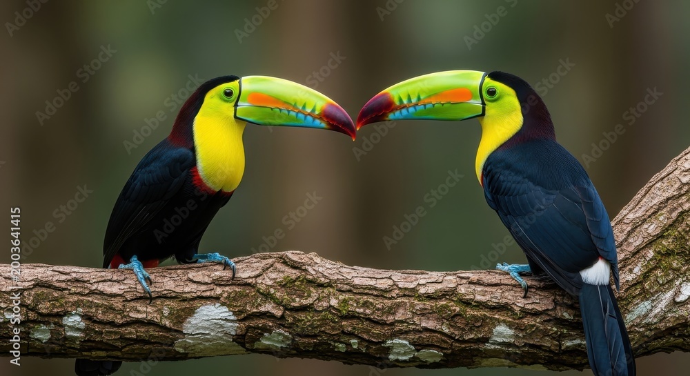 Fototapeta premium Two keel-billed toucans perch on a tree branch and face each other closely.