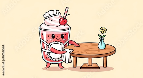 A cartoon strawberry smoothie character, wearing a maid's uniform, is cleaning a wooden table with a vase holding a flower