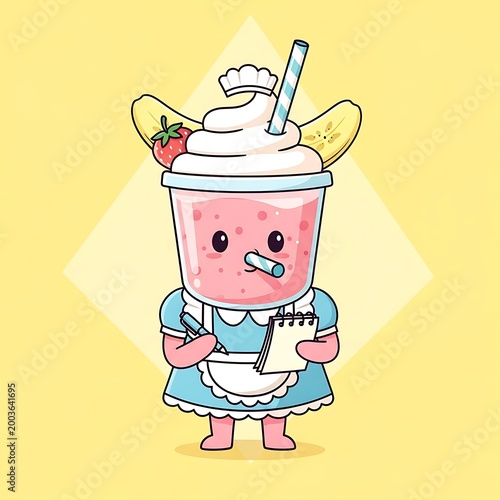 A cartoon strawberry smoothie character wearing a waitress uniform, holding a notepad and straw