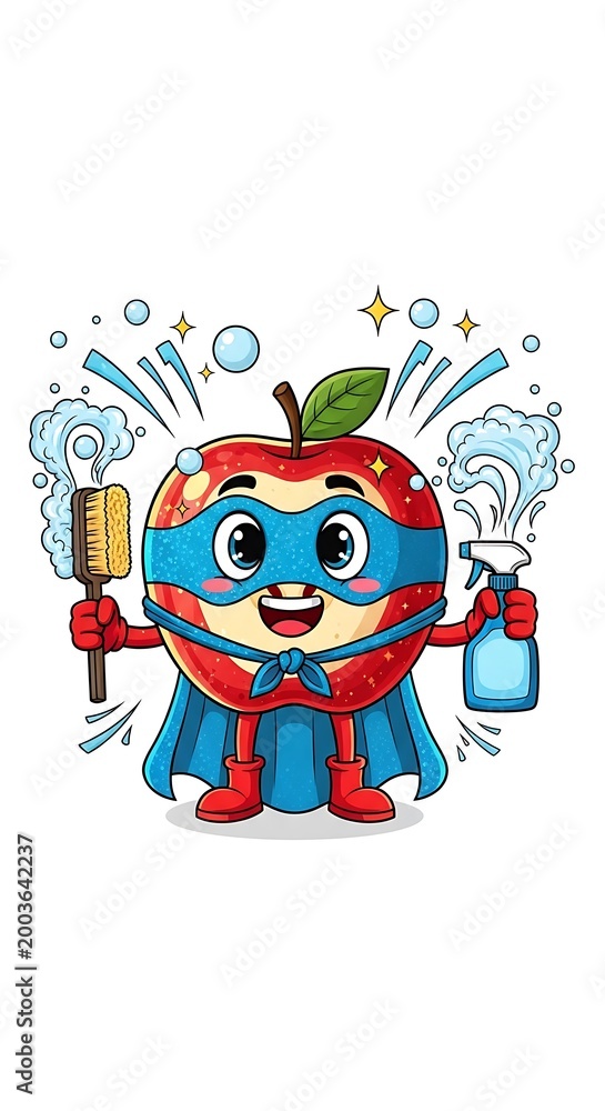 Fototapeta premium A cartoon superhero apple wearing a mask and cape, holding a brush and spray bottle, with bubbles