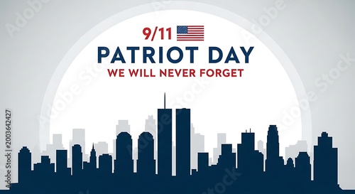 Patriot day 911 graphic with city skyline and american flag