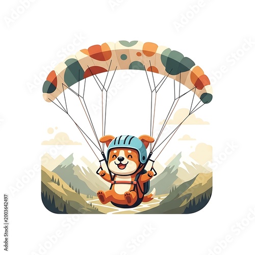 A cartoon dog enjoys paragliding over a mountainous landscape with a colorful parachute and a cheerful expression