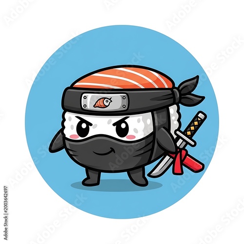 A cartoon sushi character dressed as a ninja, holding a small sword, on a blue background